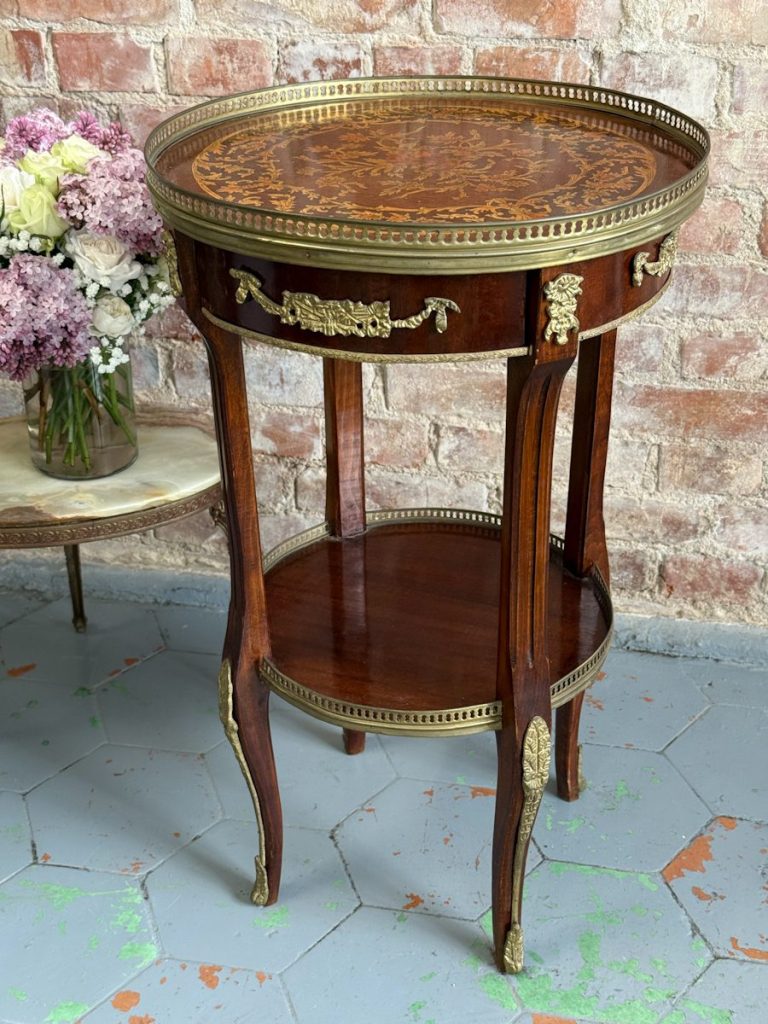 Antique Louis XV style mahogany side table with floral marquetry inlay and bronze mounts