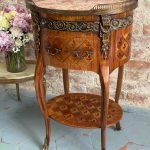 Antique Louis XV style marquetry side table with marble top and bronze mounts