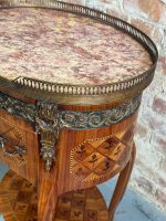 Antique wooden table with inlay and marble top — Louis XV style (6727) - Image 6