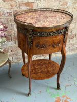 Antique wooden table with inlay and marble top — Louis XV style (6727) - Image 2