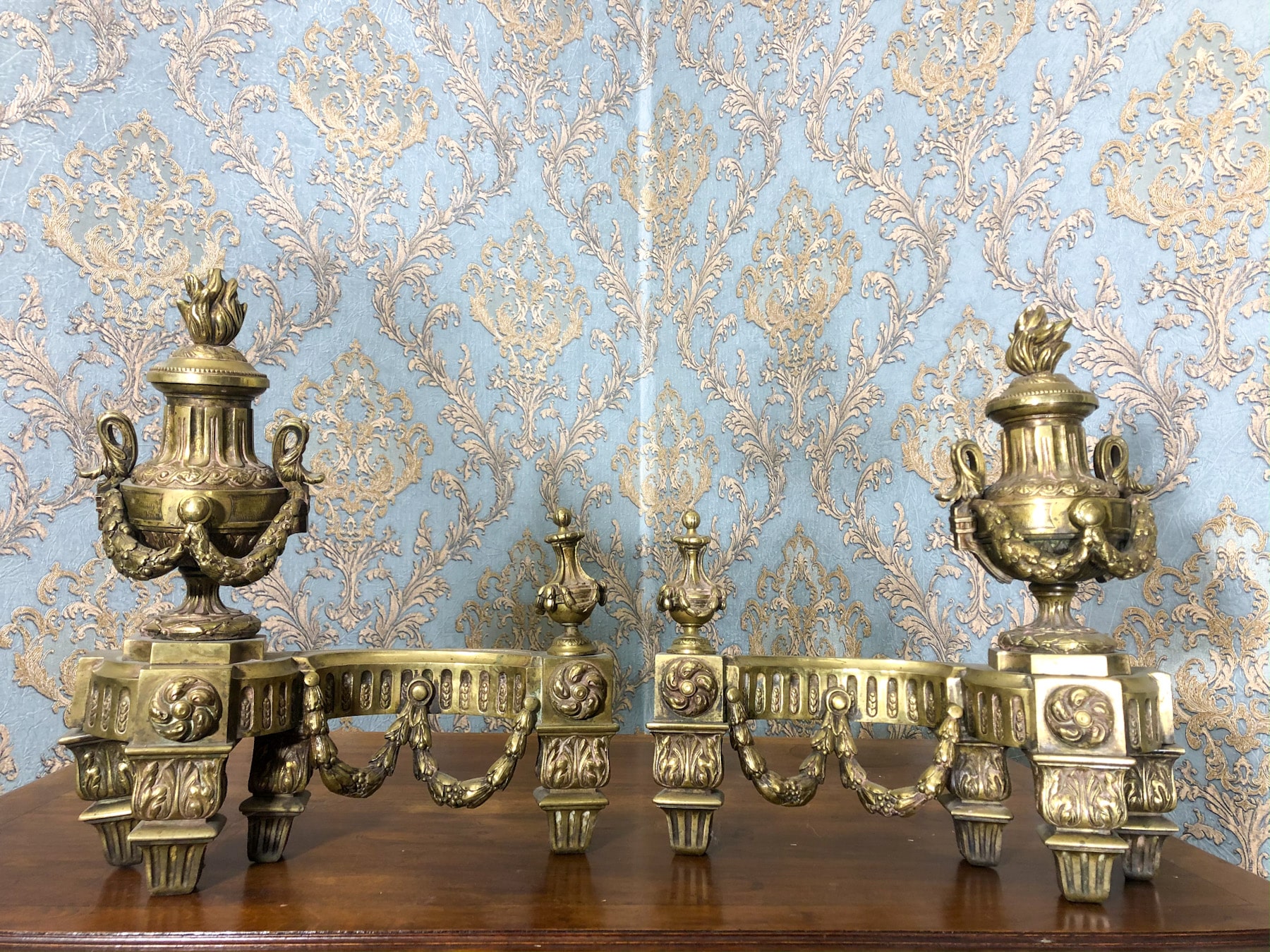 IMG_2814 Pair of antique gilt-bronze Louis XVI chenets with flaming urns and laurel garlands