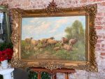 Antique large oil on canvas painting sheep in landscape gold frame Paul Schouten