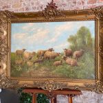 Antique large oil on canvas painting sheep in landscape gold frame Paul Schouten