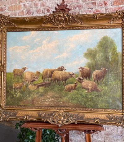 Antique large oil on canvas painting sheep in landscape gold frame Paul Schouten