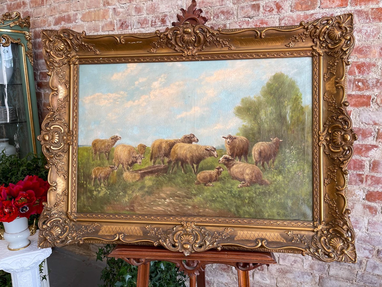 IMG_2830 Antique large oil on canvas painting sheep in landscape gold frame Paul Schouten