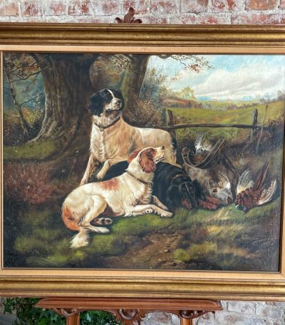 Magnificent 19th-century sporting dog painting in a classic gilded wood frame
