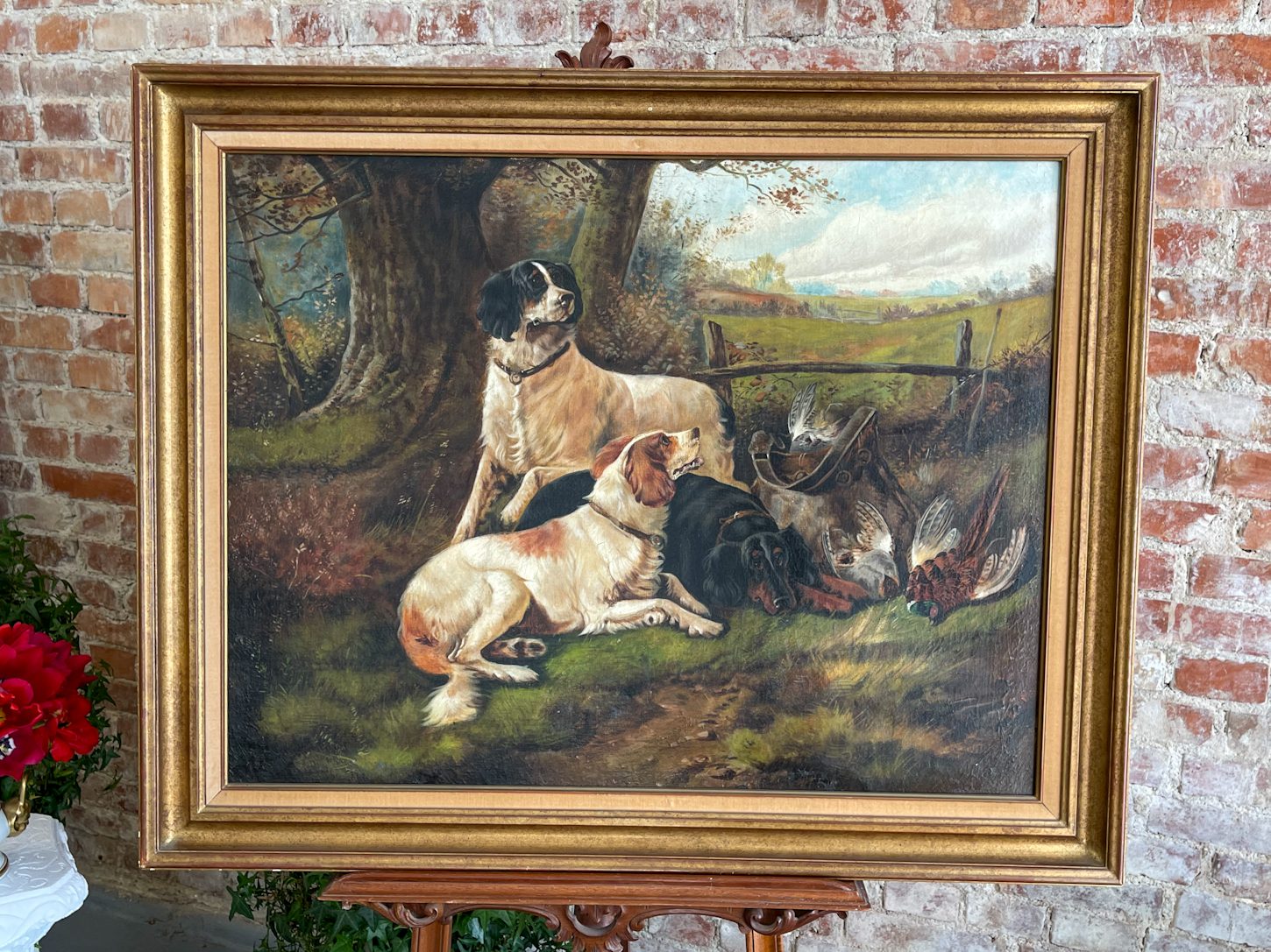 Magnificent 19th-century sporting dog painting in a classic gilded wood frame