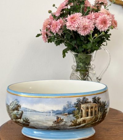 Porcelænskrukke i Biedermeier-stil med romantisk landskab, Tyskland eller Bøhmen