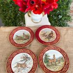 four vintage limoges porcelain game plates burgundy gold border animal motifs