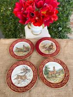 four vintage limoges porcelain game plates burgundy gold border animal motifs