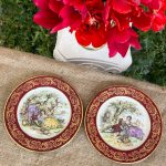 vintage limoges porcelain plates burgundy gold border fragonard romantic couple motif