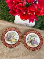 vintage limoges porcelain plates burgundy gold border fragonard romantic couple motif