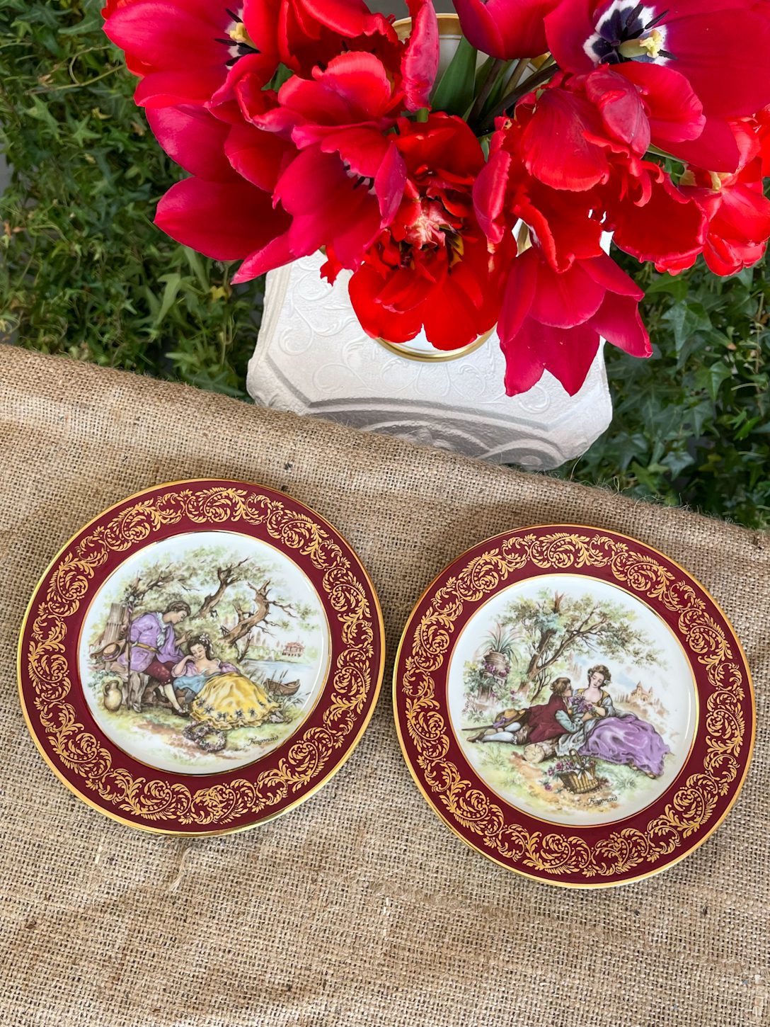 IMG_3006 2 vintage limoges porcelain plates burgundy gold border fragonard romantic couple motif