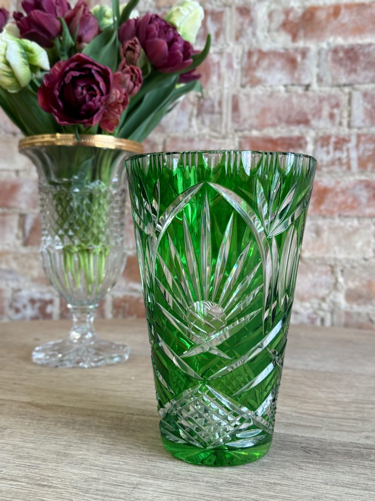 IMG_3203 Vibrant emerald green cut-to-clear crystal vase with classic star and diamond patterns