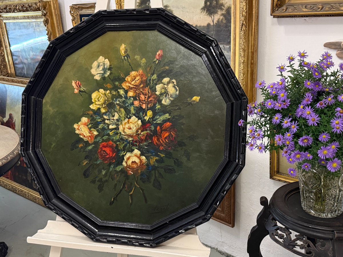 IMG_3248 framed oil painting roses still life black octagonal frame