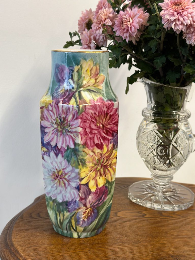 Beautiful hand painted limoges vase with vibrant asters and gold rim