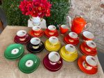 vintage chodziez poland colorful harlequin porcelain tea coffee set gold floral