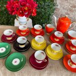 vintage chodziez poland colorful harlequin porcelain tea coffee set gold floral