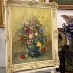 framed original floral oil painting bouquet in blue vase with ornate cream frame
