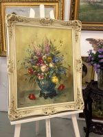 framed original floral oil painting bouquet in blue vase with ornate cream frame