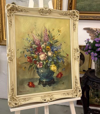 framed original floral oil painting bouquet in blue vase with ornate cream frame