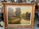 large framed original oil painting river landscape with boat and figures in ornate gold frame signed caty
