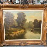 large framed original oil painting river landscape with boat and figures in ornate gold frame signed caty