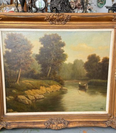large framed original oil painting river landscape with boat and figures in ornate gold frame signed caty