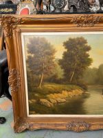 Lielformāta eļļas glezna "Upes ainava" zeltītā rāmī (Large-format oil painting "River Landscape" in a gilded frame) (5997) - Image 7