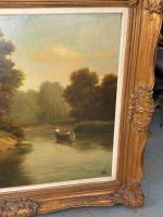 Lielformāta eļļas glezna "Upes ainava" zeltītā rāmī (Large-format oil painting "River Landscape" in a gilded frame) (5997) - Image 3