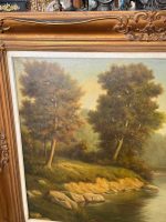 Lielformāta eļļas glezna "Upes ainava" zeltītā rāmī (Large-format oil painting "River Landscape" in a gilded frame) (5997) - Image 9