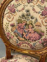Grezni zeltīti salona krēsli ar pastorālu gobelēna apdari — Luija XVI stilā, (Antique gilded chairs with pastoral tapestry) (6178) - Image 14