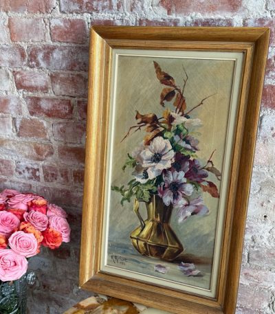 Charming 1932 still life oil painting by R. Robert