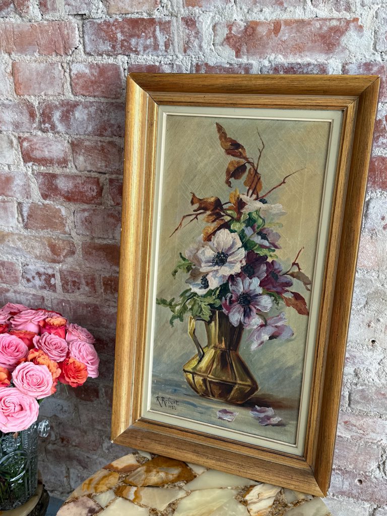 Charming 1932 still life oil painting by R. Robert