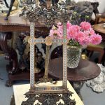 Antique French Historism bronze and champleve enamel tabletop easel decorated with sculpted musical putti