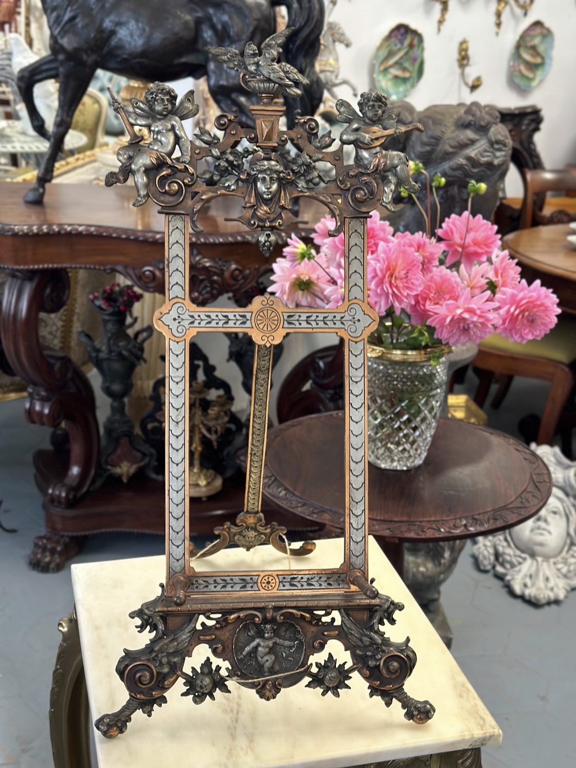 Antique French Historism bronze and champleve enamel tabletop easel decorated with sculpted musical putti