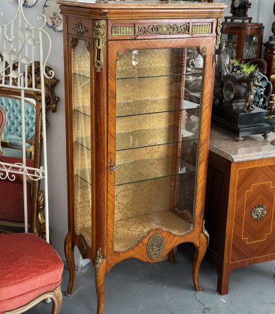 French style inlaid display cabinet with marble top