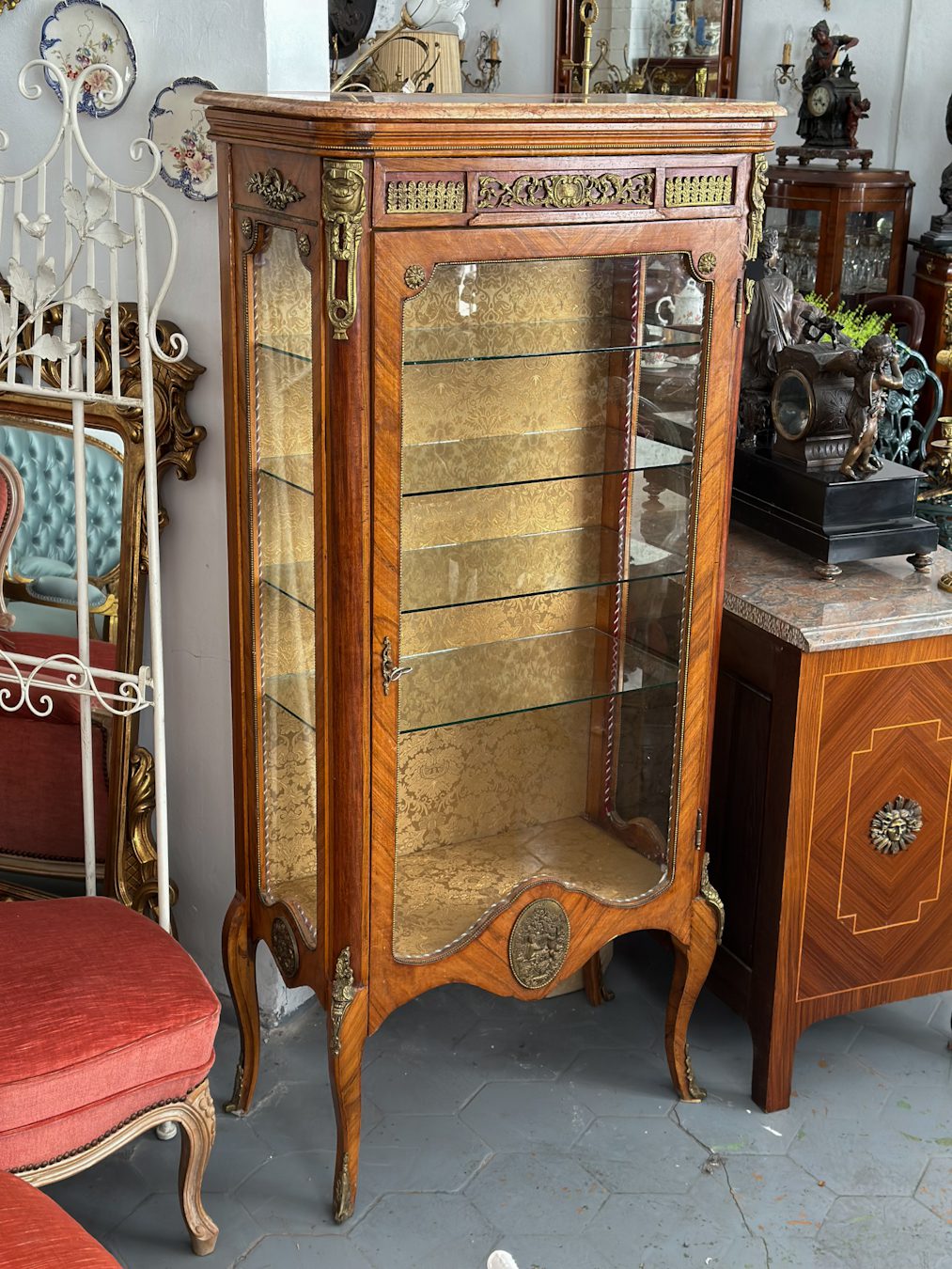 French style inlaid display cabinet with marble top