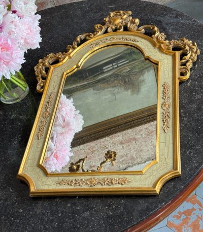 Elegant gilt neo-rococo wall mirror featuring a wooden frame with floral scrolls and a pastel green craquelure finish.