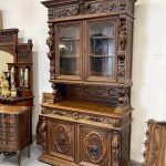 antique french neo renaissance monumental carved oak buffet vitrine with knight figures
