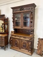 antique french neo renaissance monumental carved oak buffet vitrine with knight figures