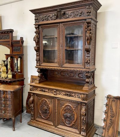 antique french neo renaissance monumental carved oak buffet vitrine with knight figures