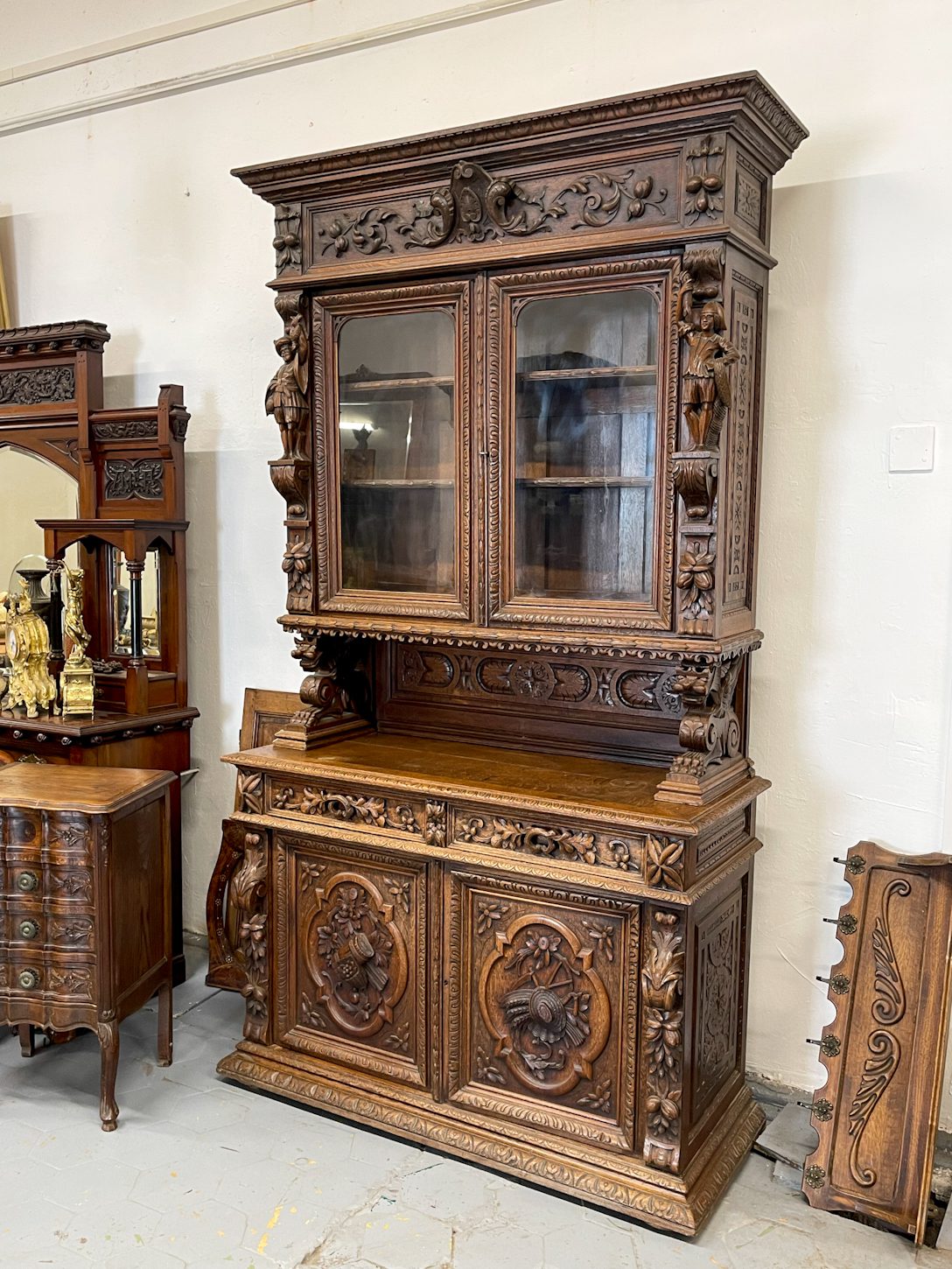 IMG_3646 2 antique french neo renaissance monumental carved oak buffet vitrine with knight figures