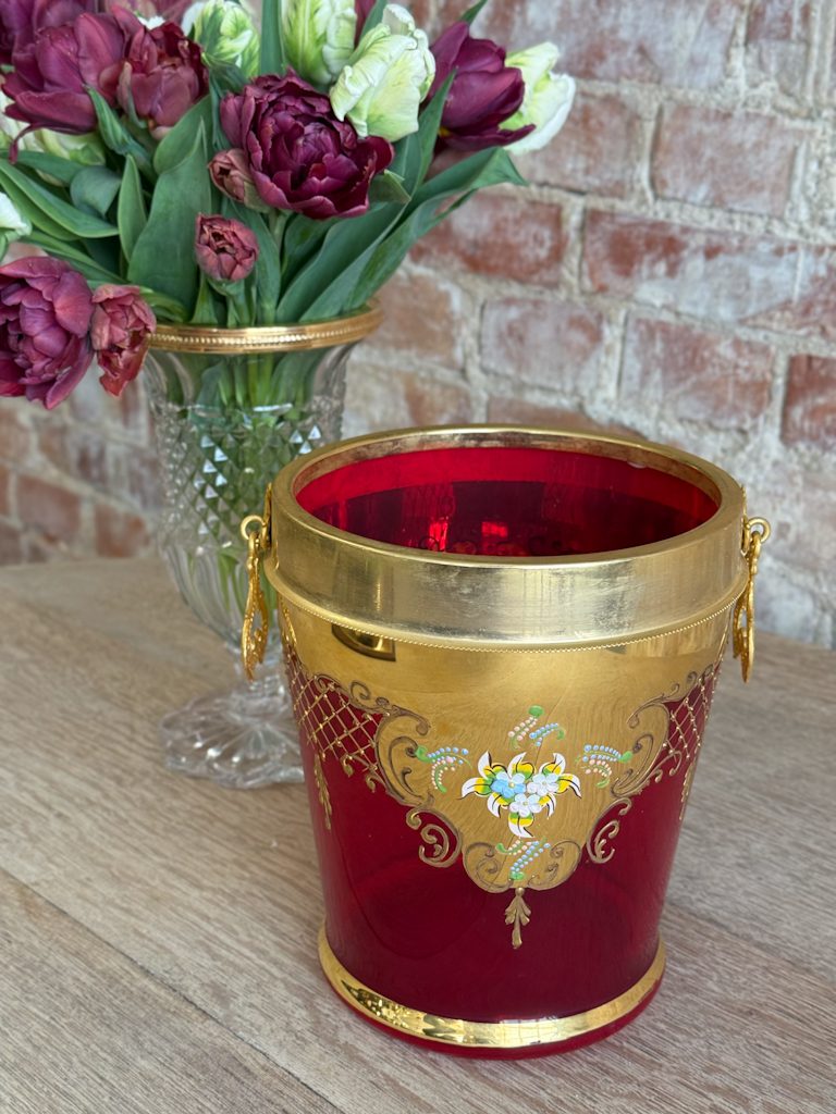 IMG_3651 Murano glass champagne cooler in deep red with elaborate gold gilding and floral enamel motifs