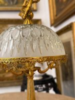Grezna maza jūgendstila galda lampa ar sieviešu figūrām un slīpēta stikla kupolu, (Antique small Art Nouveau brass table lamp) (6051) - Image 12