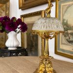 antique small brass boudoir lamp frosted cut glass dome shade