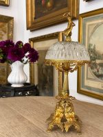 antique small brass boudoir lamp frosted cut glass dome shade