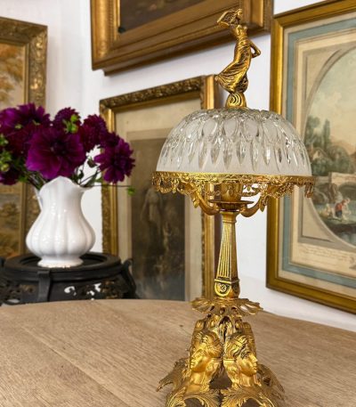 antique small brass boudoir lamp frosted cut glass dome shade
