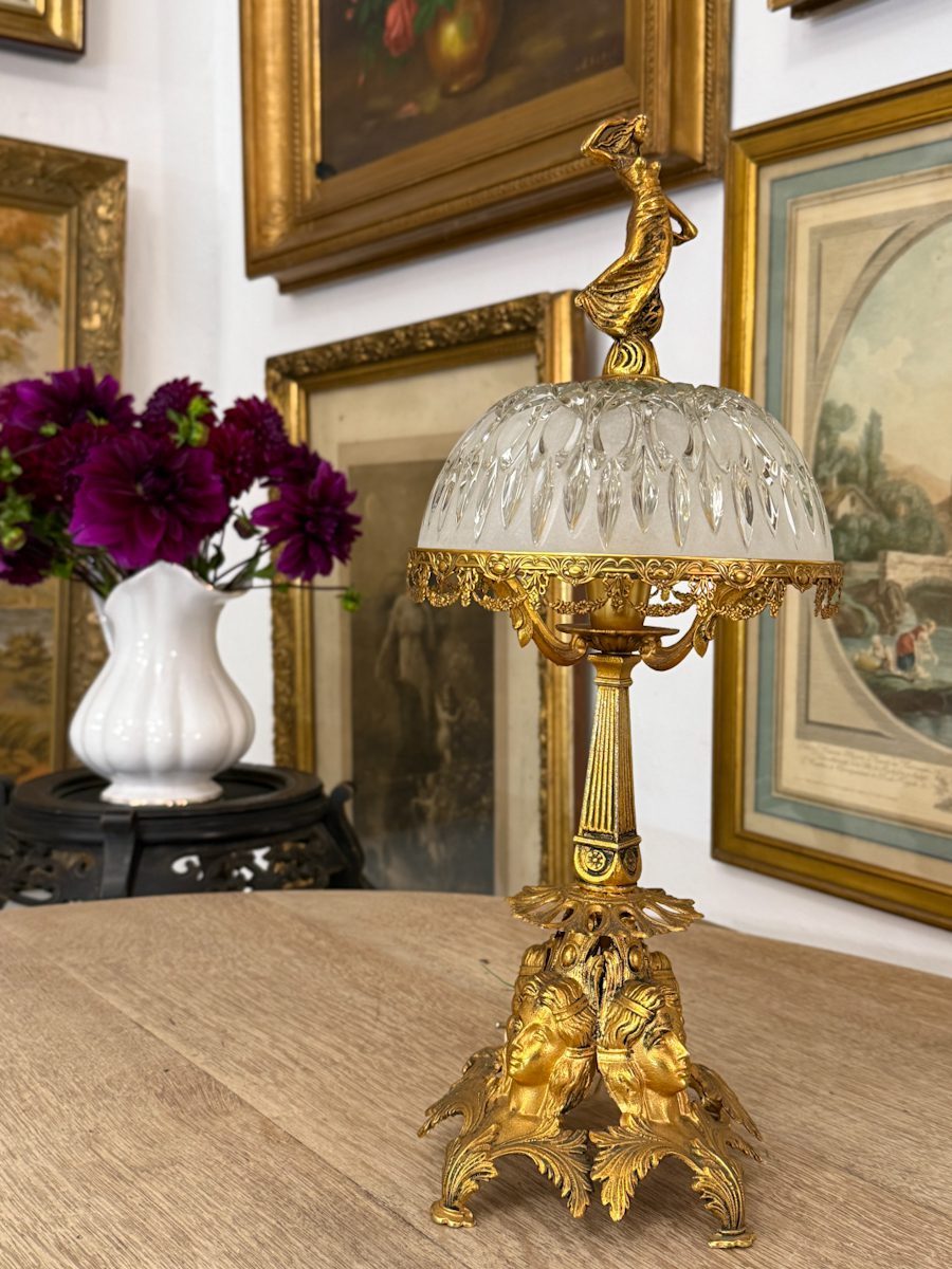 IMG_3677 antique small brass boudoir lamp frosted cut glass dome shade