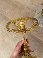Grezna maza jūgendstila galda lampa ar sieviešu figūrām un slīpēta stikla kupolu, (Antique small Art Nouveau brass table lamp) (6051) - Image 19